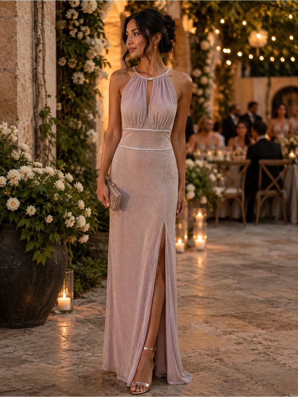 Oleg Cassini Shimmery Blush Halter Maxi Gown with Slit